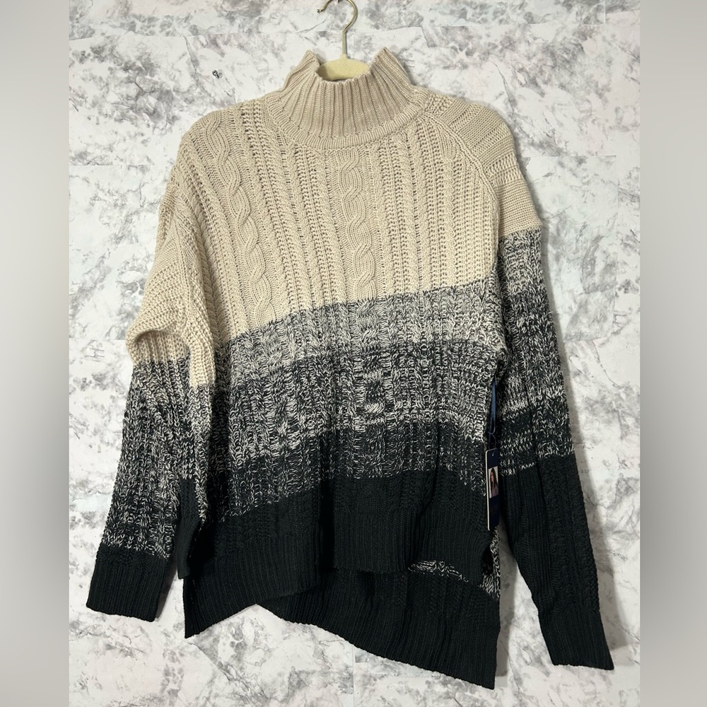 RACHEL Rachel Roy Cable Knit Ombre Turtleneck Sweater in Cream, Gray & Black. 56